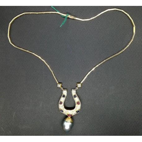 collier oro 18KT  EURO con brillanti, rubini, zaffiri e perla tahiti EURO 6670
